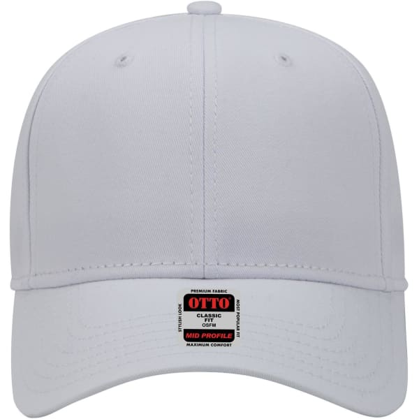 A white 6-panel mid-profile baseball cap with a branded label on the side.