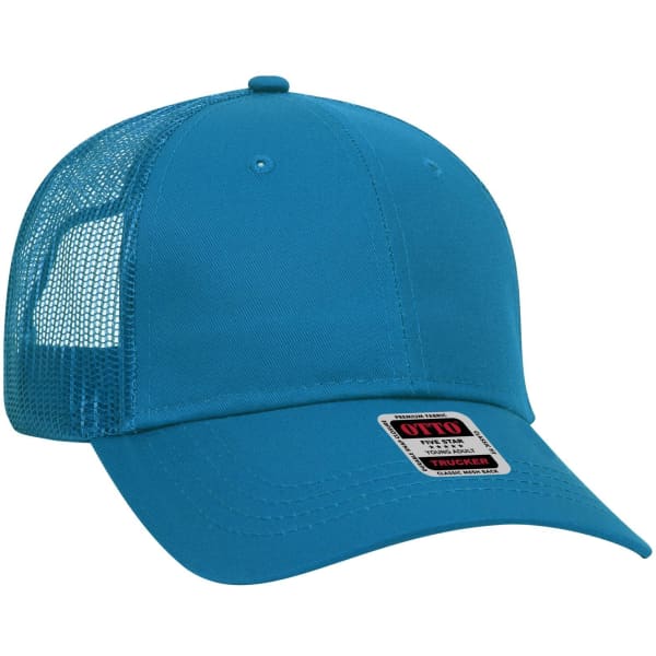 A turquoise 6-panel low profile trucker cap with a mesh back and a branded label on the front.