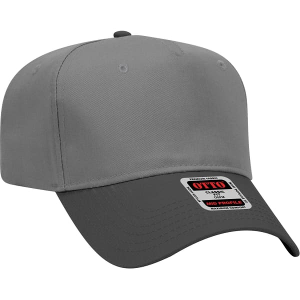 A grey 5-panel mid crown baseball cap with a darker peak and a logo on the front label.