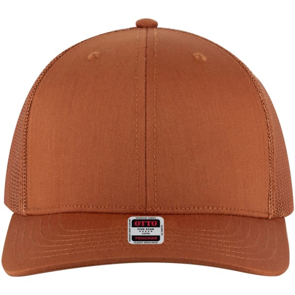 A brown six-panel mid-profile trucker cap with a mesh back and a small logo at the front.