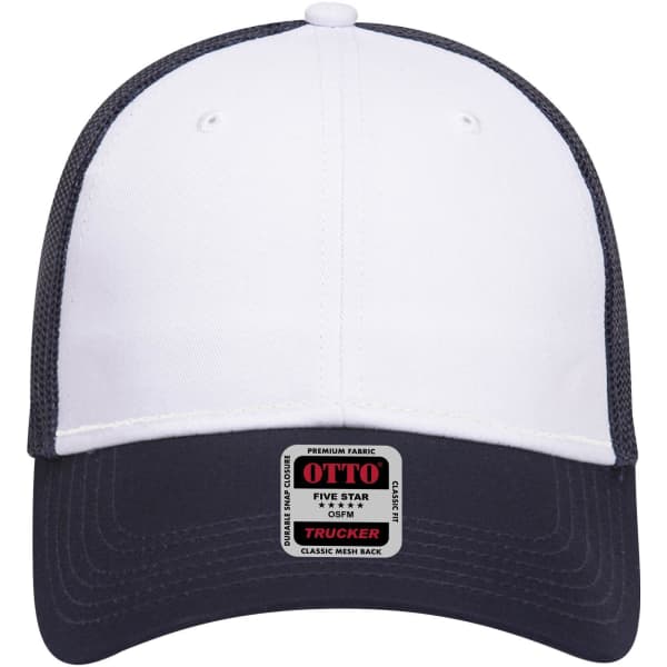 A white and navy 6 panel low profile trucker cap with a mesh back and a label on the front.
