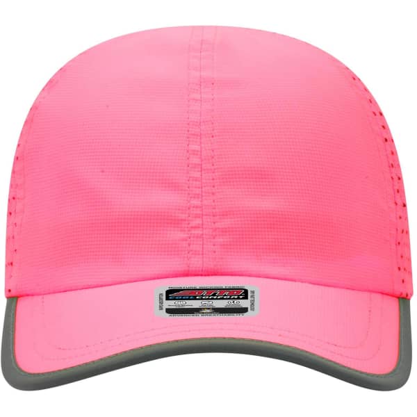 A pink reflective six-panel running cap featuring a grey brim and a logo on the front.