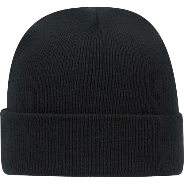 A black knit beanie with a ribbed texture and a folded cuff. It features a branding logo.