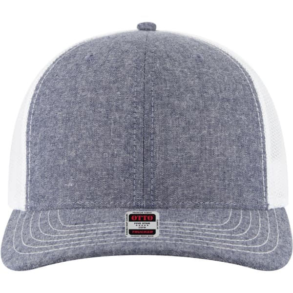 A grey mid-profile trucker cap with a mesh back and a logo on the front panel.