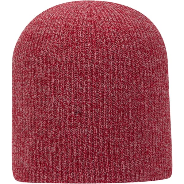 A red and grey rib knit beanie with a fitted design. It has a simple, unadorned look.