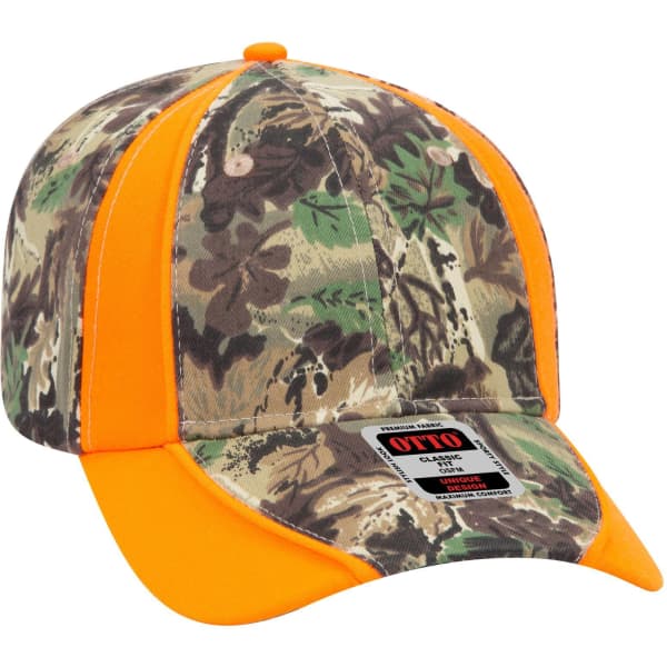 A camouflage baseball cap with bright orange accents and a logo on the front. It's low profile with six panels.