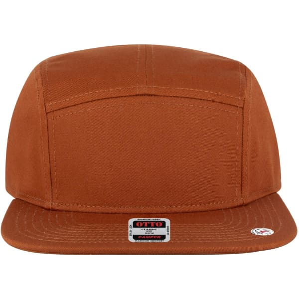 A brown 5 Panel Camper Hat with a flat brim and a logo on the front.