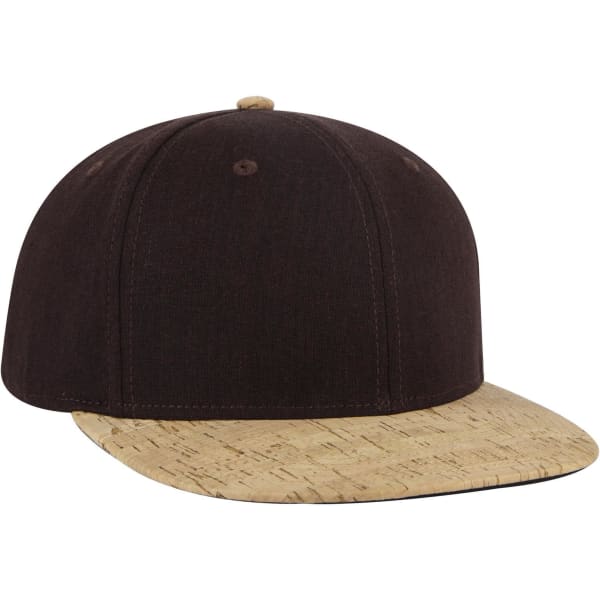 A mid-profile snapback cap featuring a black fabric body and a cork-patterned brim. Includes a logo.