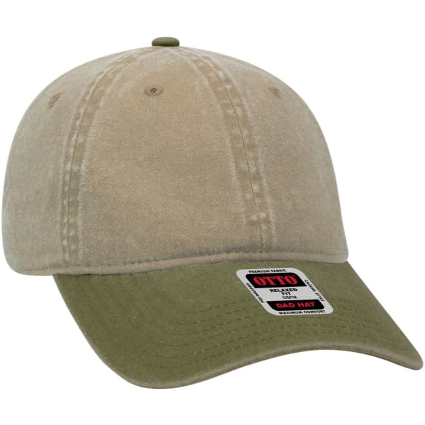 A low-profile six-panel dad cap in light brown with an olive green brim, featuring a logo label.