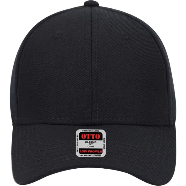 A black low profile baseball cap featuring a logo on the front and a structured design.