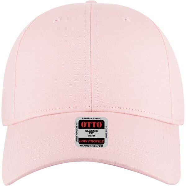 A pink 6 panel low profile baseball cap with a logo on the front.