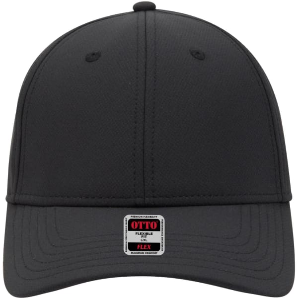 A black six-panel low profile baseball cap with a flexible fit. It features a logo on the front.