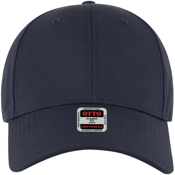 A navy blue 6 panel low profile baseball cap featuring a branded label on the front.