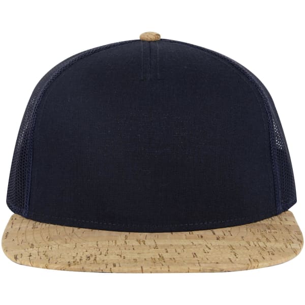 A navy trucker cap with a cork brim and mesh sides, featuring a logo on the front.