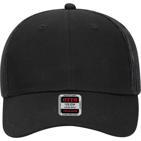 A black 6 panel low profile trucker cap with a mesh back and an attached label.