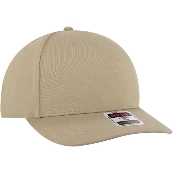A beige six-panel mid-profile baseball cap with a flat peak and an embroidered logo on the front.