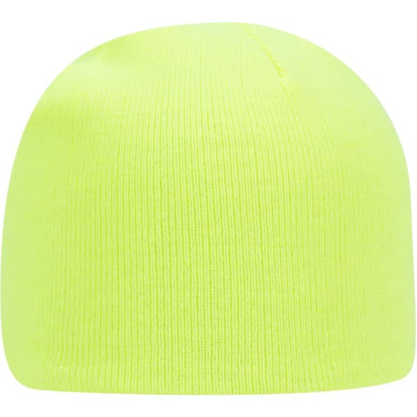 A classic knit beanie in bright yellow, featuring a simple design and ribbed texture. It has a logo on it.