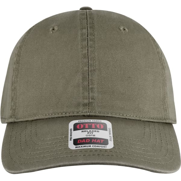 A low profile 6-panel dad cap in olive green with a logo on the front.
