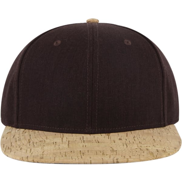 A snapback cap featuring a black upper and a cork-patterned brim, with a slightly elevated profile and a logo.