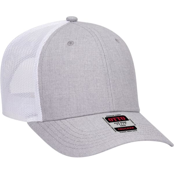 A grey 6-panel low profile trucker cap with a white mesh back and a logo on the front.