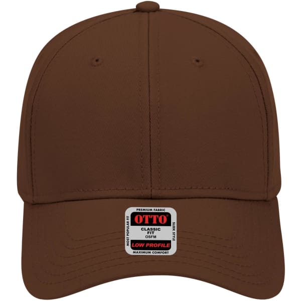 A brown low-profile baseball cap with a branded label on the front.