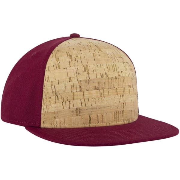 A snapback cap featuring a cork front panel and a burgundy fabric brim and sides, with a logo on the front.