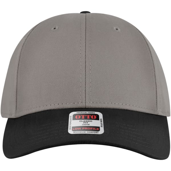A grey and black 6 panel low profile baseball cap featuring a logo on the front.
