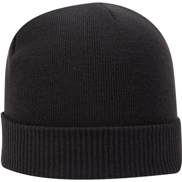 A black knitted beanie featuring a ribbed cuff and a smooth top, with a logo present.