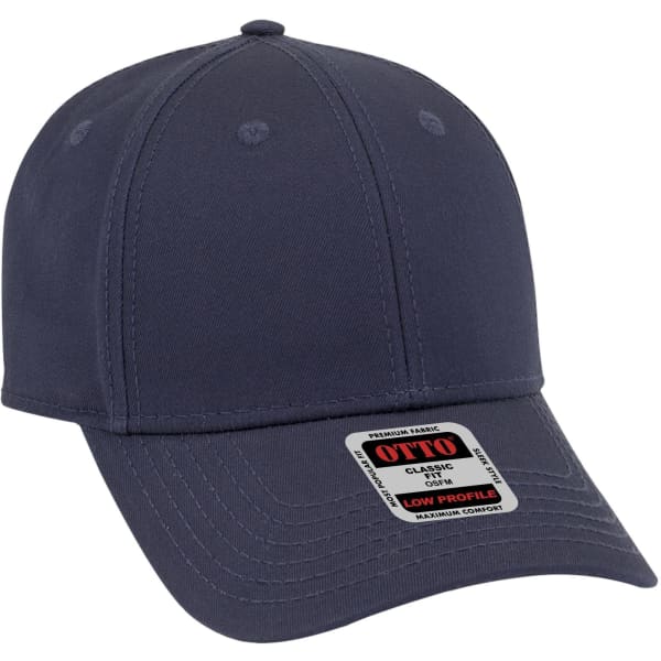 A navy blue 6 panel low profile baseball cap with a logo on the front and a curved brim.