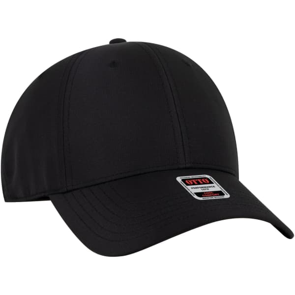 A black six-panel low profile style baseball cap with a logo on the front.