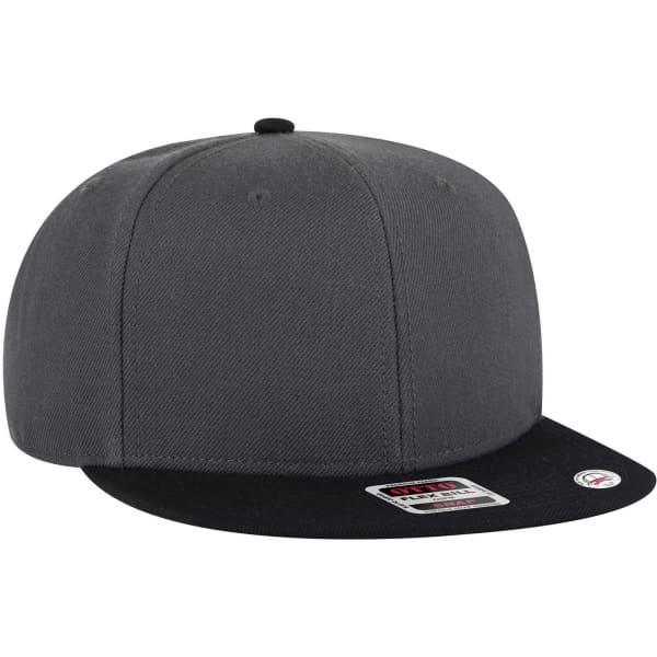 A grey and black 6-panel mid profile snapback cap featuring a logo on the side.