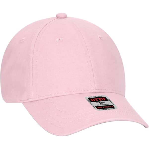 A pink 6 panel low profile baseball cap featuring an adjustable strap and a logo on the front.