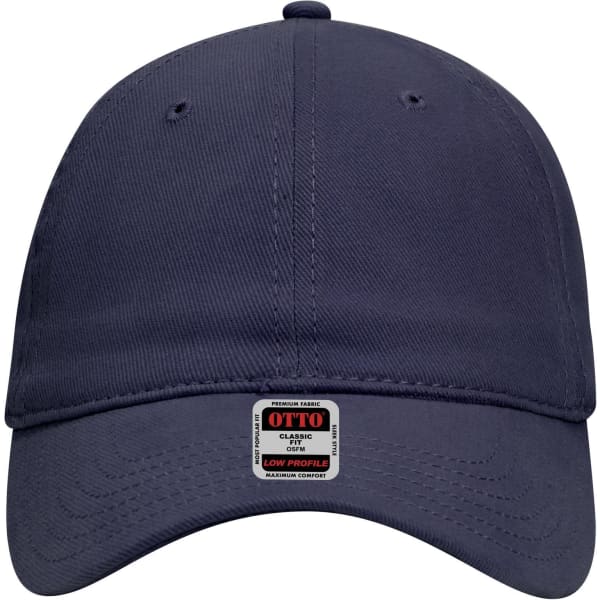 A navy blue 6 panel low profile baseball dad cap with a logo on the front and eyelets for ventilation.