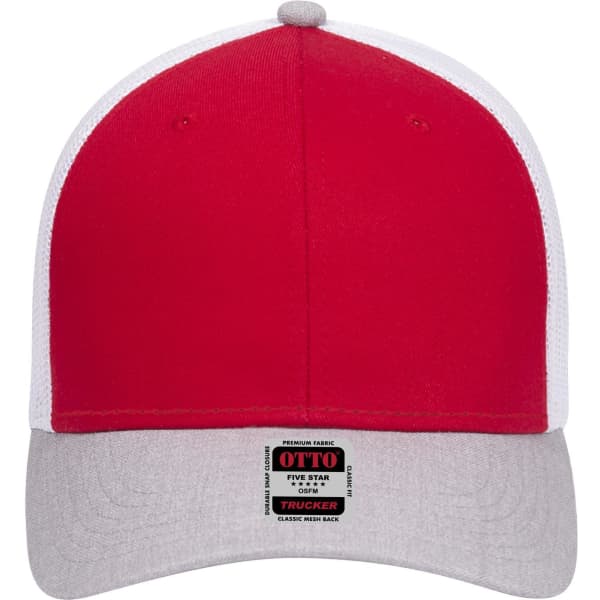 A red and grey six-panel low profile trucker cap with mesh back and a branded label.