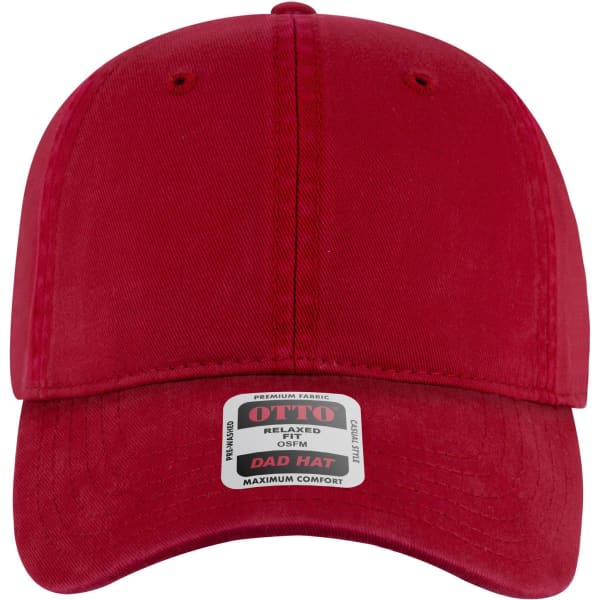 A red 6-panel low profile dad cap with a curved brim and a tag. The cap features a logo on the front.