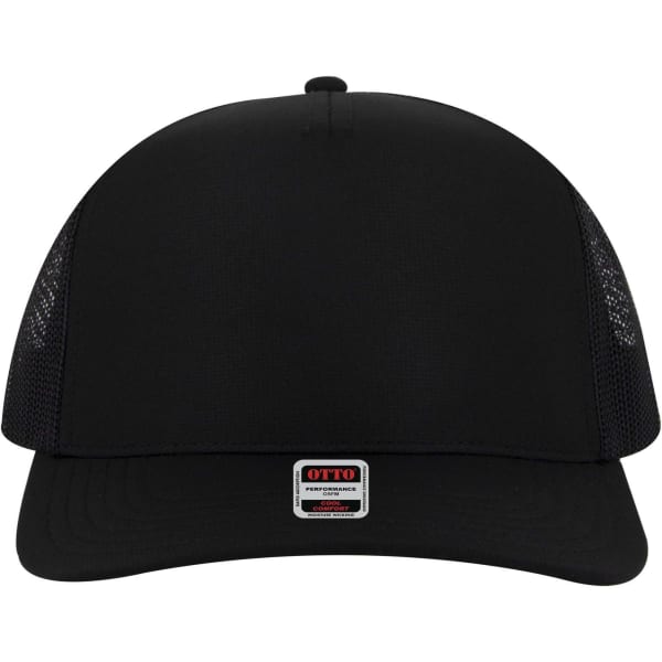 A black 5-panel mid-profile trucker cap with mesh side panels and a logo label on the front.