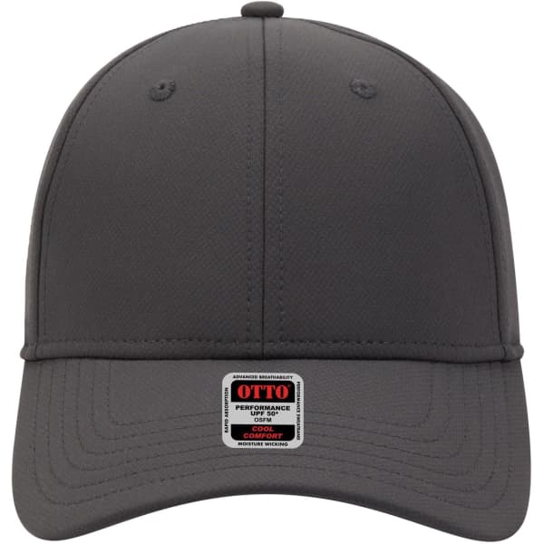 A grey UPF 50+ six-panel low-profile baseball cap with a logo tag on the front.