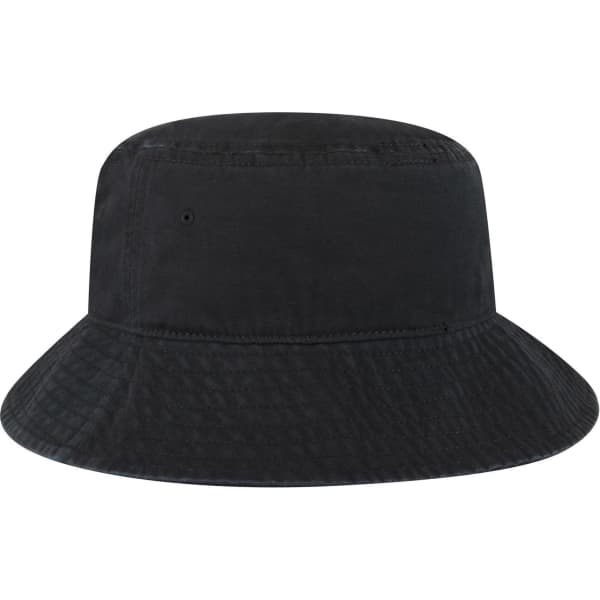 A black bucket hat featuring a wide brim and textured material. It includes a logo on the side.