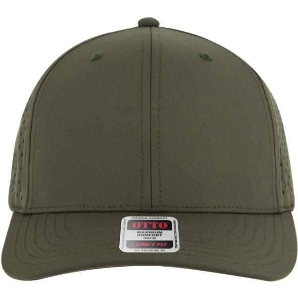 A mid-profile baseball cap in olive green featuring ventilation holes and a logo on the front.