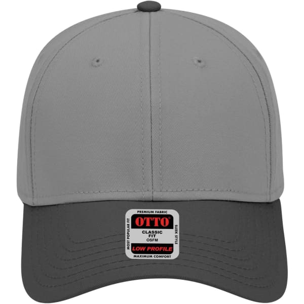 A grey and black 6 panel low profile baseball cap featuring a logo on the front.