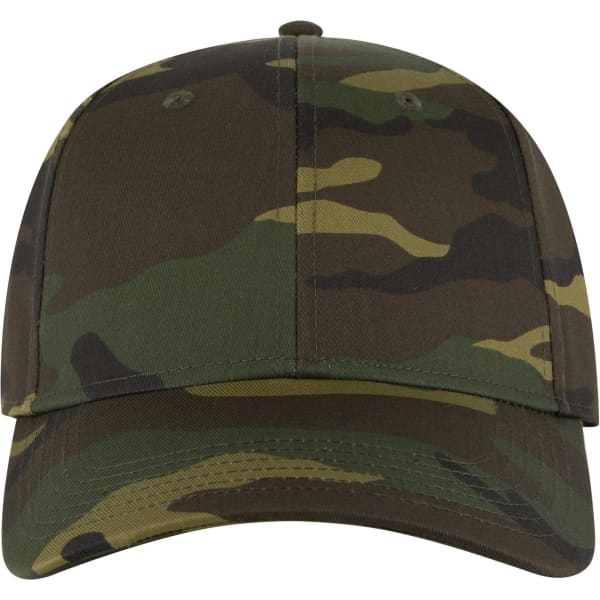 A camouflage 6 panel low profile baseball cap in various shades of green and brown, featuring a logo on the front.