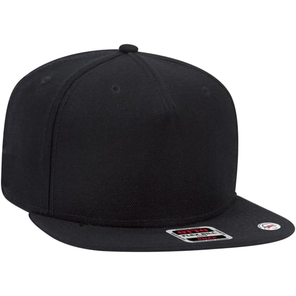 A black snapback cap with a flat brim, featuring eyelets and a logo on the side.