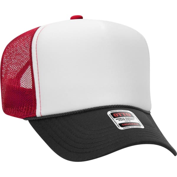 A 5 panel high crown trucker cap featuring a white front, red mesh sides, and a black visor. It has a logo on the front.