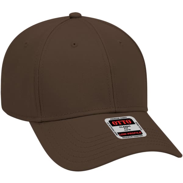 A brown 6 panel low profile baseball cap with a logo on the front.