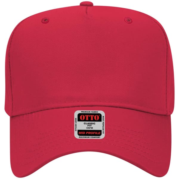 A red 5 panel mid crown baseball cap featuring a logo on the front.