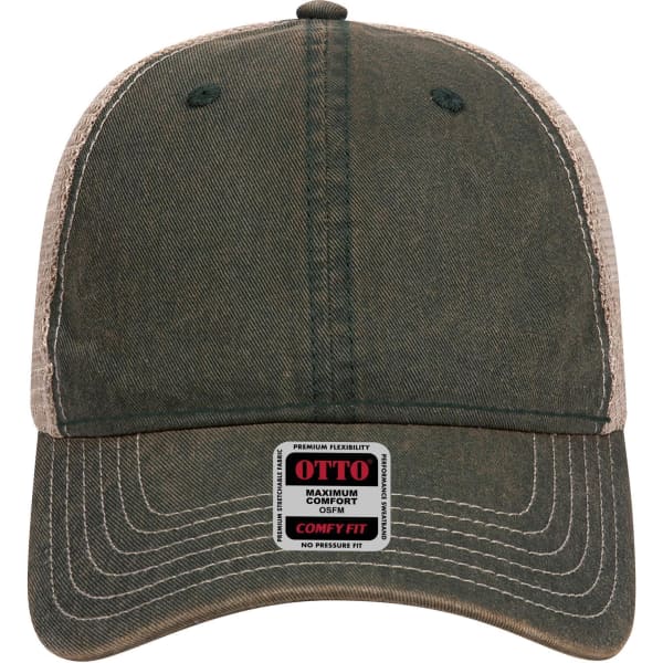 A soft, low-profile, six-panel polyester baseball cap in green with a contrasting beige mesh back. It has a logo displayed.
