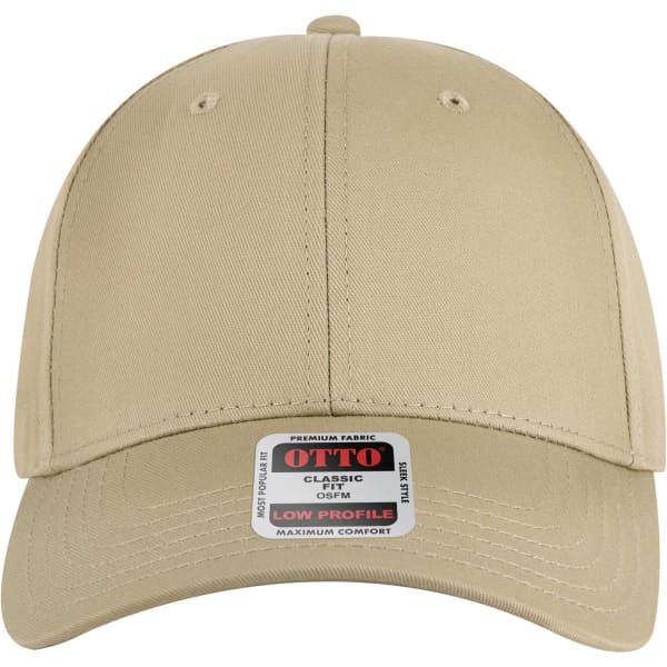 A low profile baseball cap in beige with a logo on the front and a tag attached.