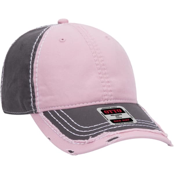 A pink and grey 6-panel low profile dad cap featuring contrast stitching and a logo on the label.