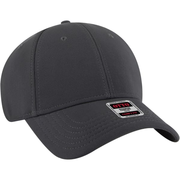 A grey low profile baseball cap with six panels and a logo on the front.