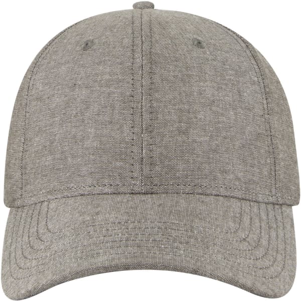 A grey 6 panel low profile baseball cap with a curved brim and a logo on the front.